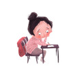 A sad girl writing a letter. Study process. School time. Cute cartoon character