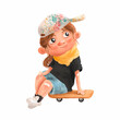 Cute cartoon girl with a skateboard. Girl power. Extreme sports. Active lifestyle.