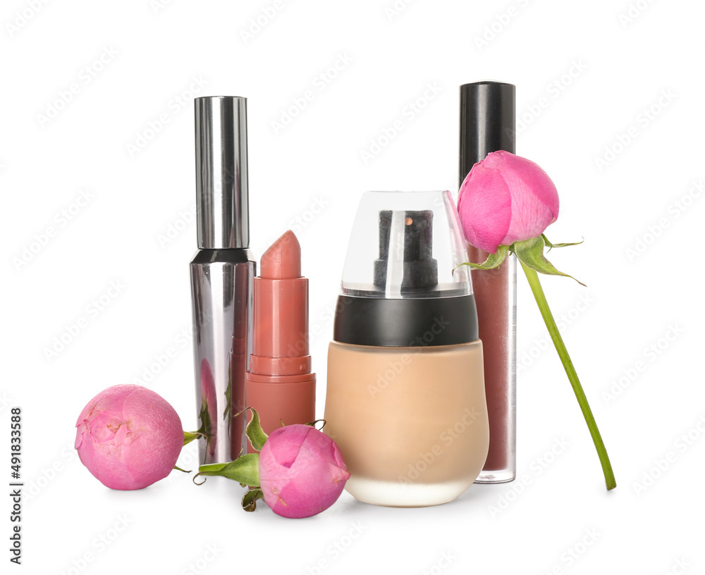 Set of decorative cosmetics and rose flowers on white background