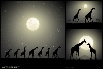 Sticker - Giraffe silhouette. Animals family on moonlight night. Black white set