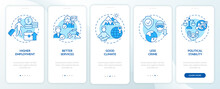 Pull Factors For Migration Blue Onboarding Mobile App Screen. Relocation Walkthrough 5 Steps Graphic Instructions Pages With Linear Concepts. UI, UX, GUI Template. Myriad Pro-Bold, Regular Fonts Used