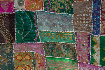 Wall Mural - Detail old colorful patchwork carpet in India