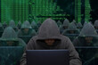 Hackers are sitting at laptops and computers on an abstract background, attacking and hacking servers with a virus. Creation and dissemination of disinformation, DDOS attack.