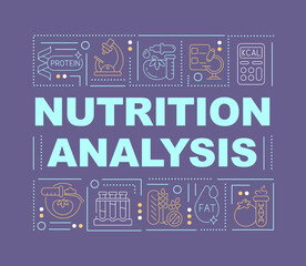 nutritional testing word concepts dark purple banner. food safety tests. infographics with icons on 