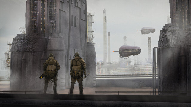 Digital 3d illustration of a pair of future soldiers surveying a science fiction landscape - fantasy painting