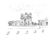 Arco Della Pace. Piazza Sempione, Milan. Italy. Hand Drawn Sketch. Vector Illustration.