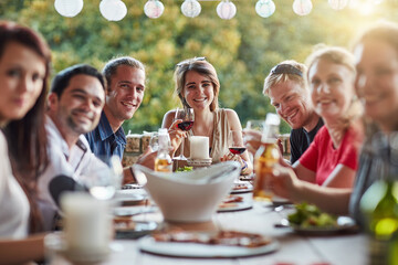 Poster - Nothing by good vibes at our table. Portrait of a group of happy young friends sharing a meal at a backyard dinner party.