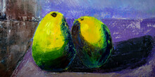 Oil Painting Of Two Avocados. A Pair Of Green And Yellow Avocados On The Purple Backdrop. Fruit Still Life Original Oil Painting.