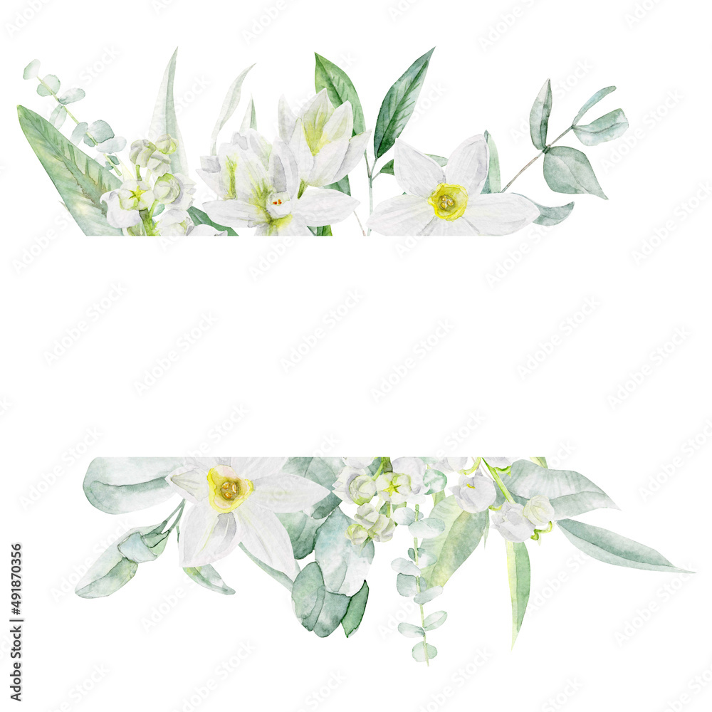 Watercolor frame with eucalyptus and daffodil flowers Stock ...