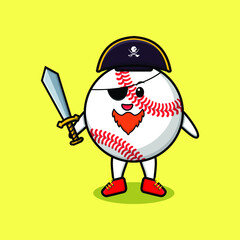 Cute cartoon mascot character baseball ball pirate with hat and holding sword in modern design for t shirt, sticker, logo element