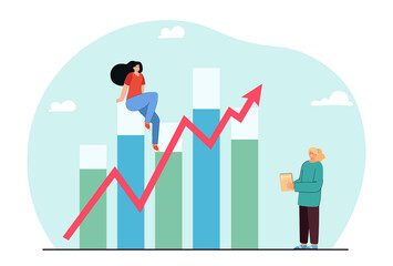 Wall Mural - Successful businesswoman sitting on bar graph with up arrow. Tiny manager and business statistics flat vector illustration. Growth, development, progress concept for banner or landing web page