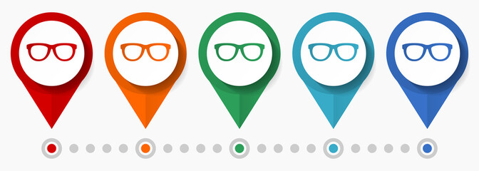 Aufkleber - Eyeglasses concept vector icon set, flat design eye wear pointers, infographic template easy to edit