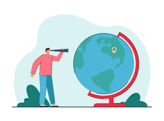 Aufkleber - Traveler with spyglass looking at huge globe with location pin. Man choosing destination flat vector illustration. Vacation, traveling concept for banner, website design or landing web page