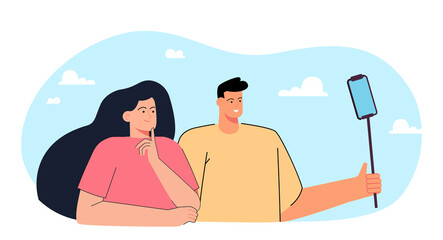 Wall Mural - Cartoon couple taking photo together using selfie stick. Man and woman taking selfie flat vector illustration. Technology, communication, photography, traveling concept for banner or landing web page