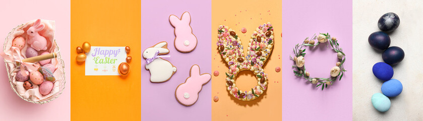 Poster - Collection of stylish Easter eggs with cookies and cake, top view