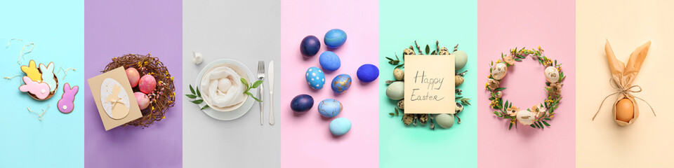 Poster - Collection of stylish Easter eggs with cookies and table setting, top view