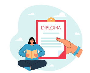 Wall Mural - Tiny student and huge female hand holding diploma. Girl reading book, studying or learning flat vector illustration. Education, graduation concept for banner, website design or landing web page