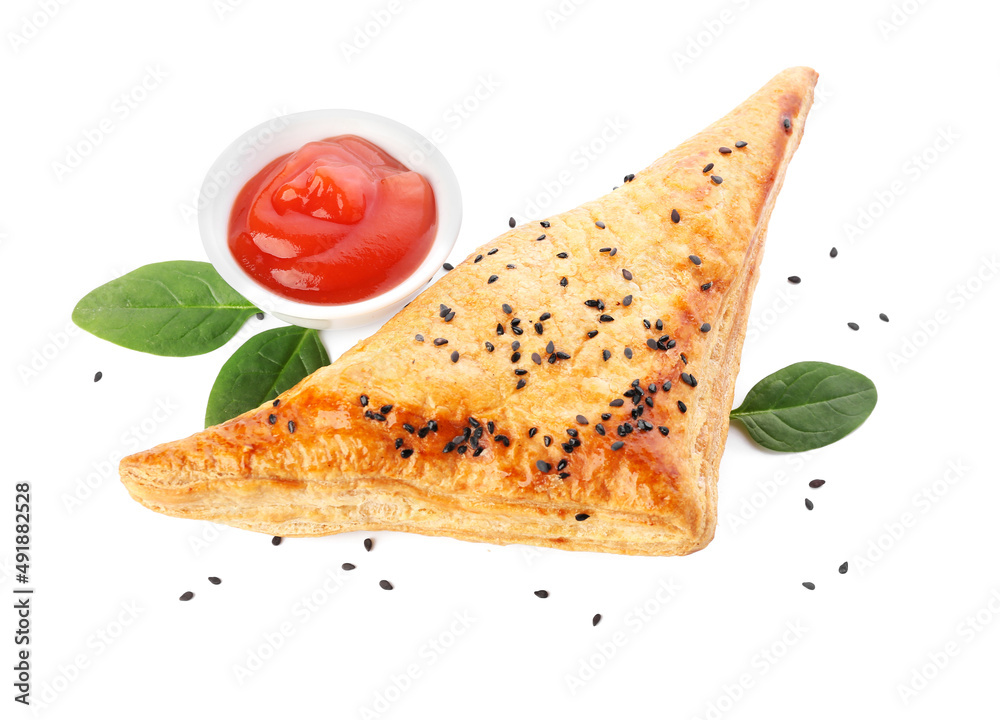 Tasty Uzbek samsa with tomato sauce on white background