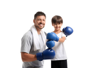 Poster - Little boy with and his boxing trainer on white background