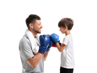 Poster - Little boy with and his boxing trainer on white background