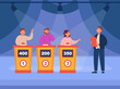 © PCH.Vector - People playing quiz game on TV show flat vector illustration. Male and female participant trying to answer question, competing with each other, talking with host. Television program concept