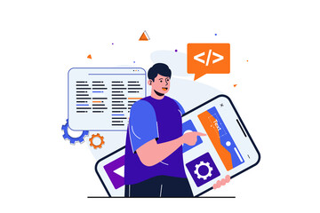 App development modern flat concept for web banner design. Male designer works with mobile app interface layout, making ui optimization and coding. Illustration with isolated people scene