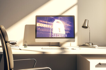 Poster - Modern computer monitor with creative lock hologram and chip. Information security concept. 3D Rendering