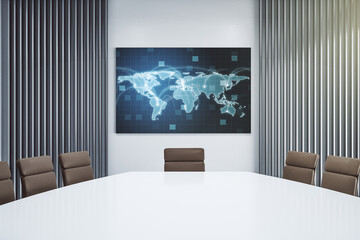 Poster - Abstract graphic world map with connections on tv display in a modern presentation room, globalization concept. 3D Rendering
