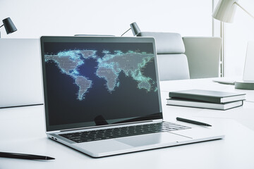 Poster - Abstract graphic world map on modern laptop screen, connection and communication concept. 3D Rendering