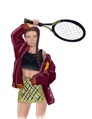 Wall Mural - Girl Fashion Illustration. Ink art minimalistic style. Illustration good for posters, magazines titles, website decoration icons. Pretty girl portrait with tennis racket 