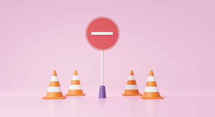 Aufkleber - Minimal Beware danger. Red circle pole label warning symbol with stop and cone on pink background. Traffic alert safety concept. precaution, prohibit, 3d render illustration