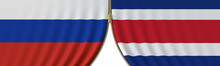 Flags Of Russia And Costa Rica And Closing Or Opening Zipper Between Them. Political Negotiations Or Interaction Conceptual 3D Rendering