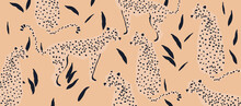 Trendy And Modern Wildlife Pattern With Leopards. Leopards And Leaves Vector Illustration Design