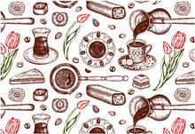 Sketch Drawing Pattern Of Sweet Turkish Desserts, Coffee And Red Tulips On White Background. Line Art Pistachio Baklava, Engraved Oriental Sweets, Menu, Turkish Delight Wallpaper. Vector Illustration.