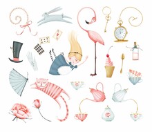 The Wonderland Set. Alice Girl, Cat, Rabbit, Flamingo, Teapot With Cups, Cake, Potion Bottle, Hat, Key, Watch, Cards. Cute Style. Stock Illustration.