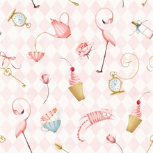 Alice In Wonderland Seamless Pattern On A Background Of Pink Rhombuses. Flamingo, Teapot, Cups, Cake, Potion Bottle, Key, Watch, Cat. Cute Style. Stock Illustration.