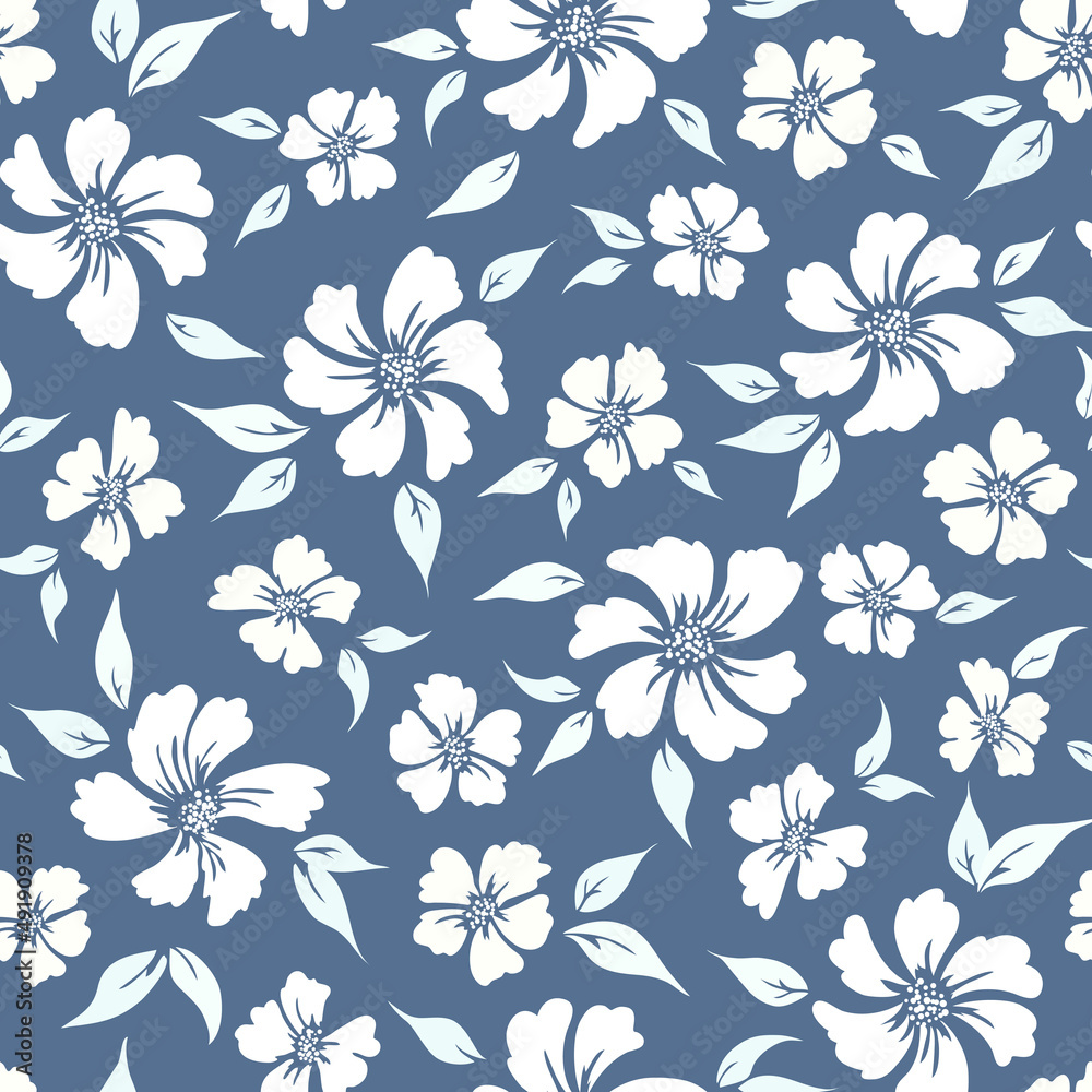 seamless abstract blue floral background with white flowers. Vector ...