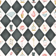 Alice In Wonderland Seamless Pattern On A Background Of Black And White Rhombuses. Flamingo, Teapot, Cups, Cake, Potion Bottle, Hat, Key, Watch, Cards. Cute Style. Stock Illustration.