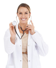 Poster - Lets check your heart rate.... A beautiful female doctor holding up a stethoscope to the camera.