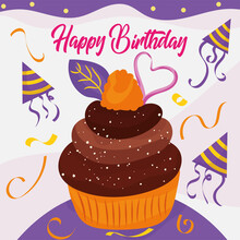 Purple Happy Birthday Card With Isoltaed Cupcake Vector