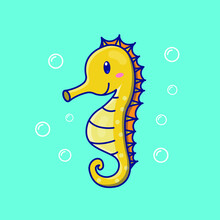 Cute Cartoon Yellow Seahorse Vector Illustration. Isolated Animal Vector. Flat Cartoon Style
