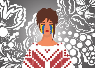 Wall Mural - A woman is crying in a stream. Pray for Ukraine. Stop war. Vector illustration.