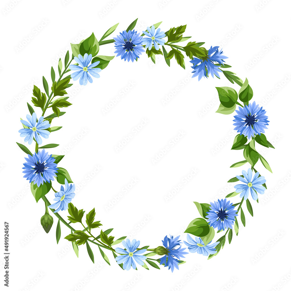 Vector floral wreath with blue flowers and green leaves. Floral circle ...