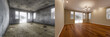 Leinwandbild Motiv Before and After of Unfinished Raw and Newly Remodeled Room Of House with Finished Wood Floors, Moulding, Paint and Ceiling Lights.