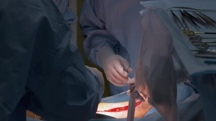 Wall Mural - Closeup of doctors hands operating a patient conducting open cut surgery in surgical room. Healthcare and medical intervention concept