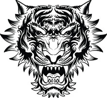 The Vector Logo Tiger For Tattoo Or T-shirt Design Or Outwear.  Hunting Style Big Cat Print On Black Background. This Hand Drawing Is For Black Fabric Or Canvas.