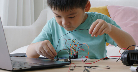asia people home school young small kid happy smile laugh self study online lesson excited make ai c