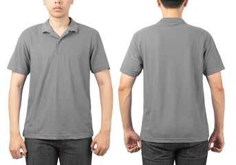 Young man in blank Polo t-shirt mockup front and back used as design template, isolated on white background with clipping path.