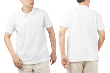 Young man in blank Polo t-shirt mockup front and back used as design template, isolated on white background with clipping path.