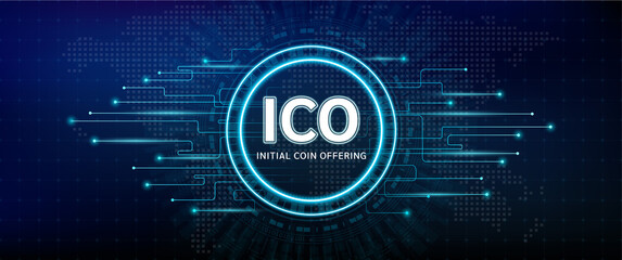 ICO Initial Coin Offering. On a digital electronic user interface blockchain. Futuristic background with world map. Business, Technology, Internet and network concept. Vector EPS10.